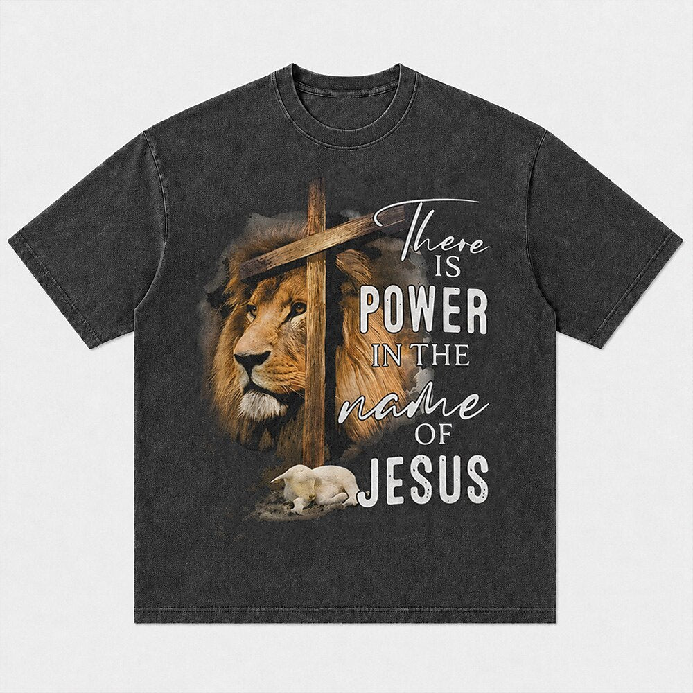 There Is Power In The Name Of Jesus Lion Of Judah Lamb Wooden Cross Christian Faith Realistic Vintage Christian T-Shirt - product image 6