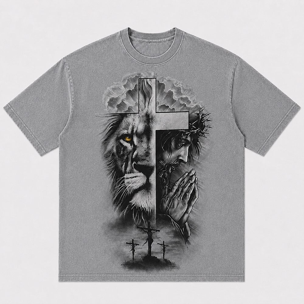Lion Face Jesus Praying with Crown of Thorns Three Crosses Christian T-Shirt - product image 6