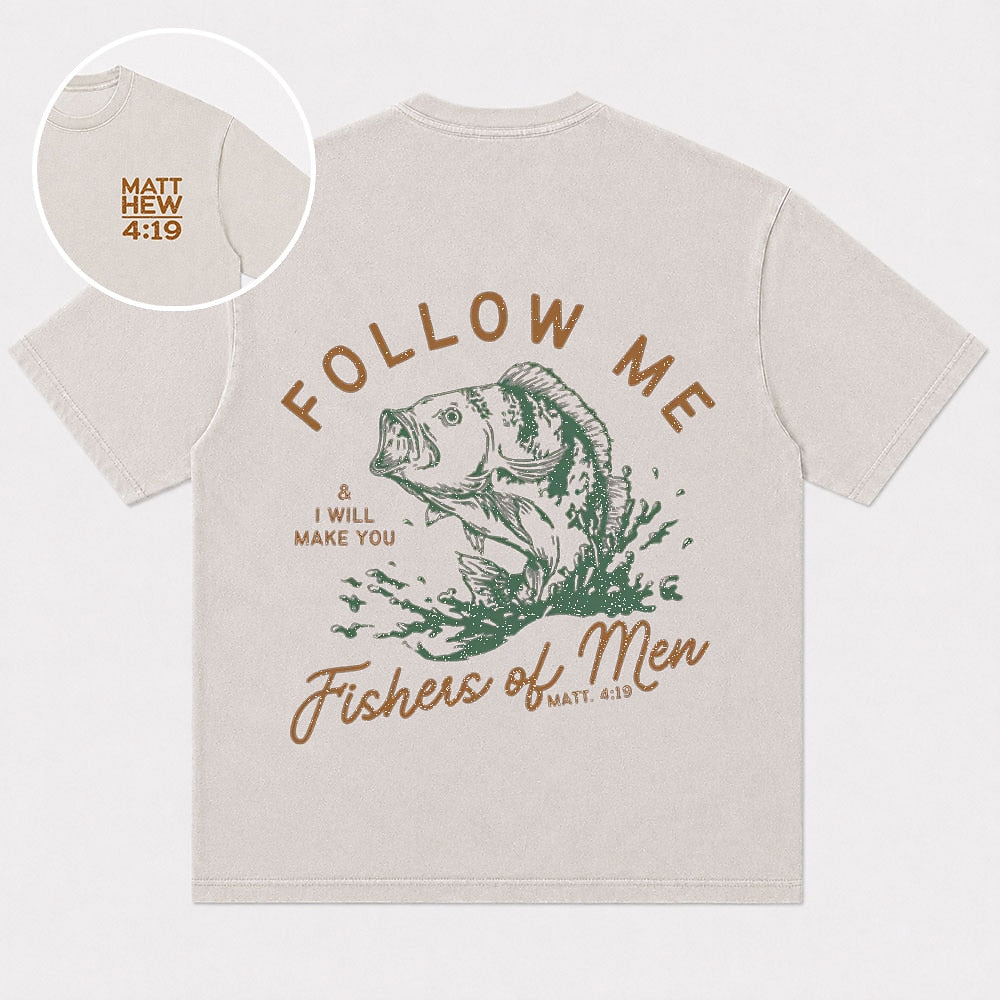 Leaping bass and Fishers of Men lettering cotton T-shirt, product view 1