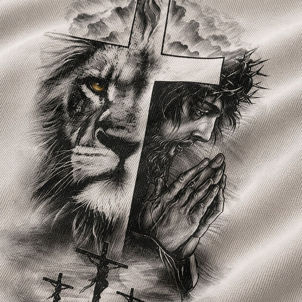 Lion Face Jesus Praying with Crown of Thorns Three Crosses Christian T-Shirt - product image 2