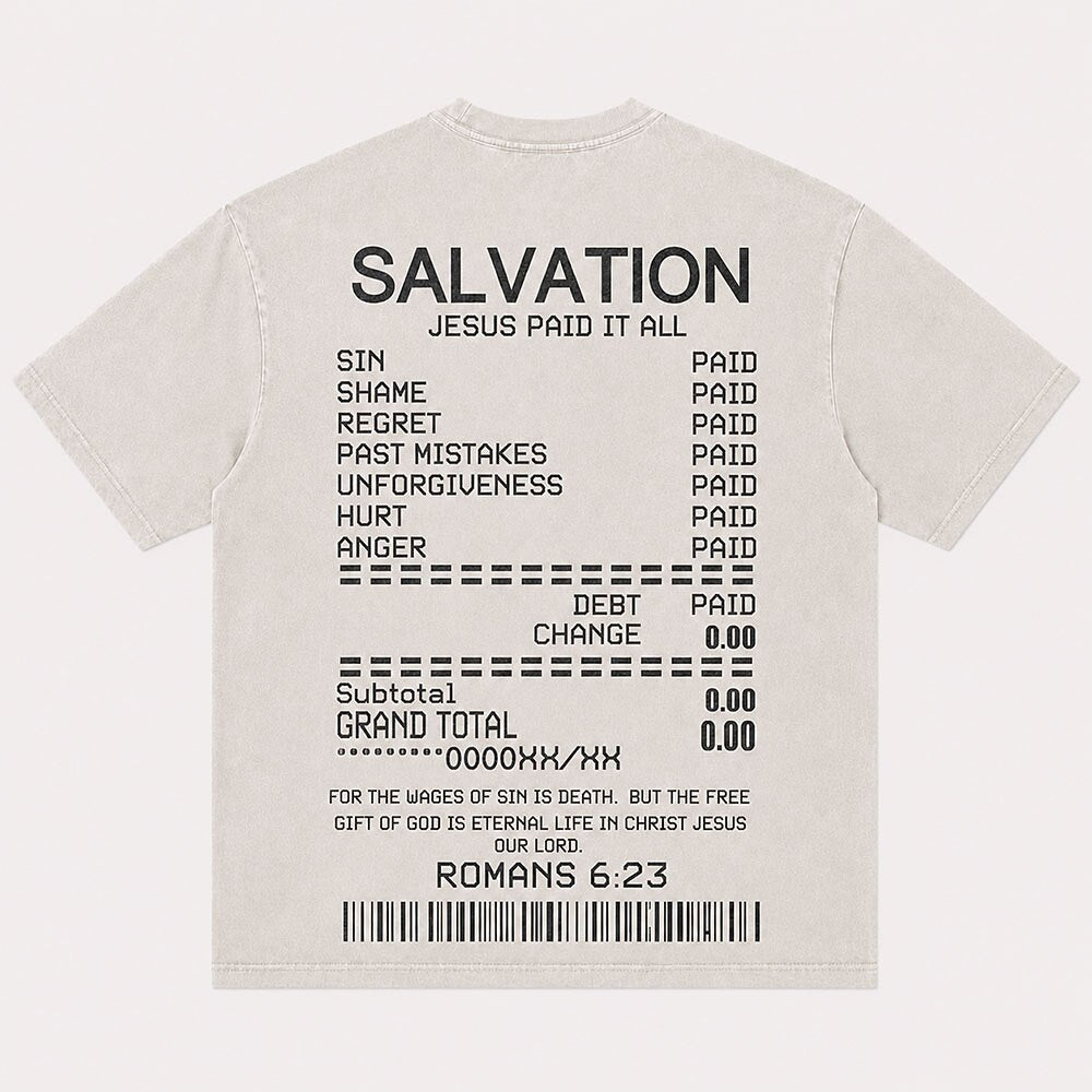 Salvation Receipt Jesus Paid It All Quote with Romans Bible Verse Barcode Christian T-Shirt - product image 4