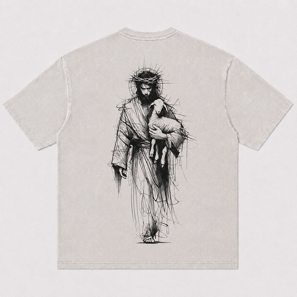 Jesus Holding Lamb Crown Of Thorns Good Shepherd Sketch Line Art Christian Religious Vintage Front Cross Christian T-Shirt - product image 5