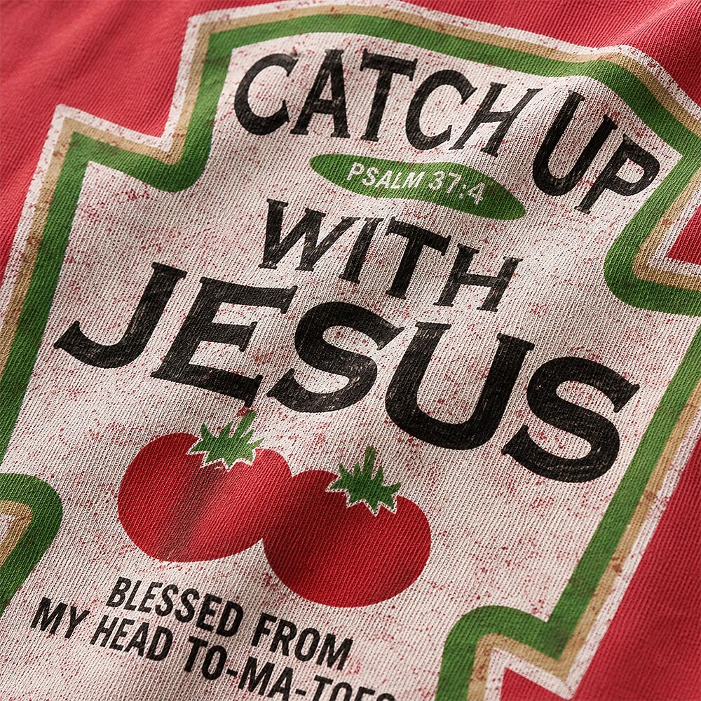 Funny Ketchup Label Parody Catch Up with Jesus Red Tomatoes Quote Christian T-Shirt - product image 2