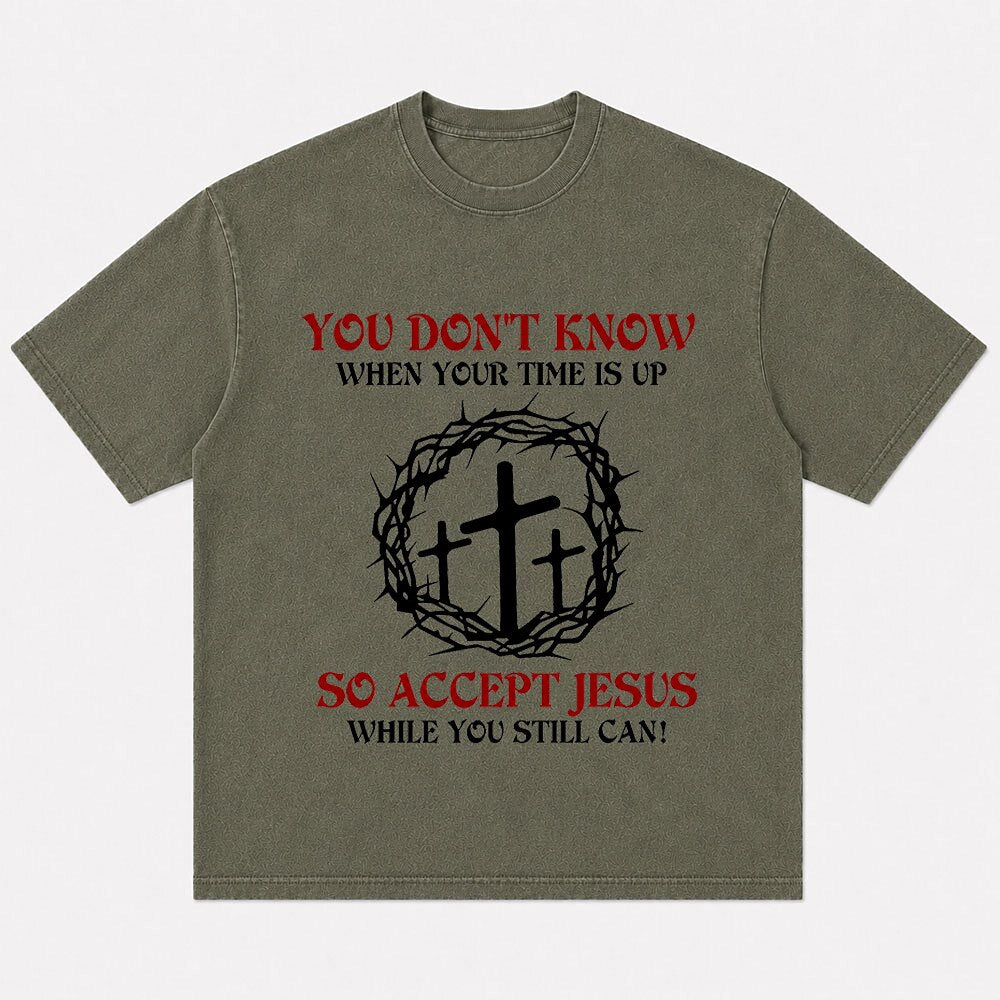 Three crosses and crown of thorns graphic cotton T-shirt, product view 5