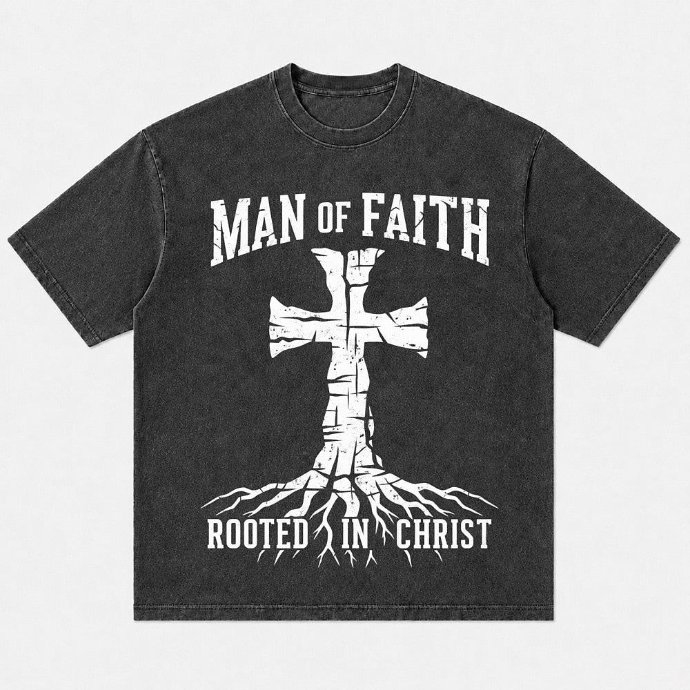 Man of Faith rooted cross in Christ Christian T-shirt