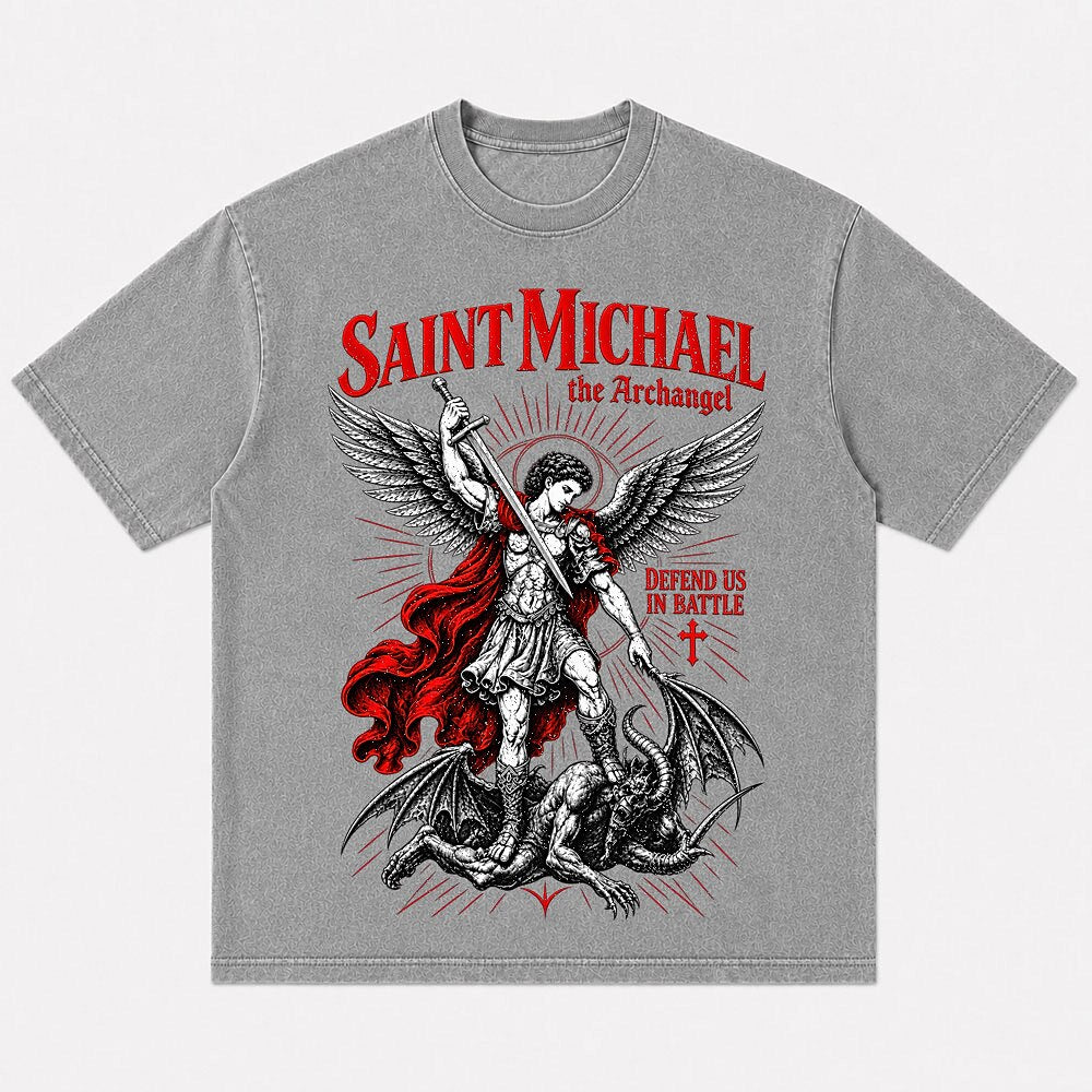 Saint Michael the Archangel battle illustration cotton T-shirt, product view 5