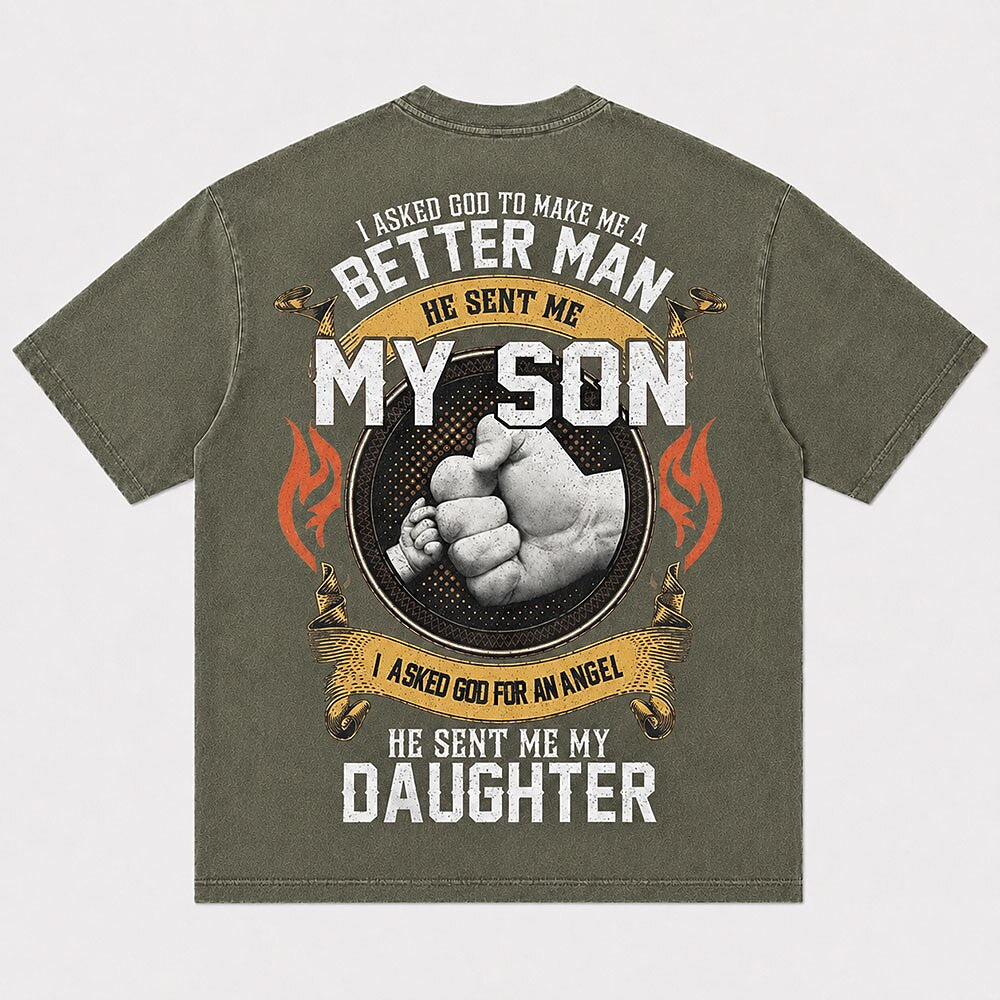 Family Father Love I Asked God to Make Me a Better Man My Son and Daughter Quote Distressed Christian T-Shirt - product image 5