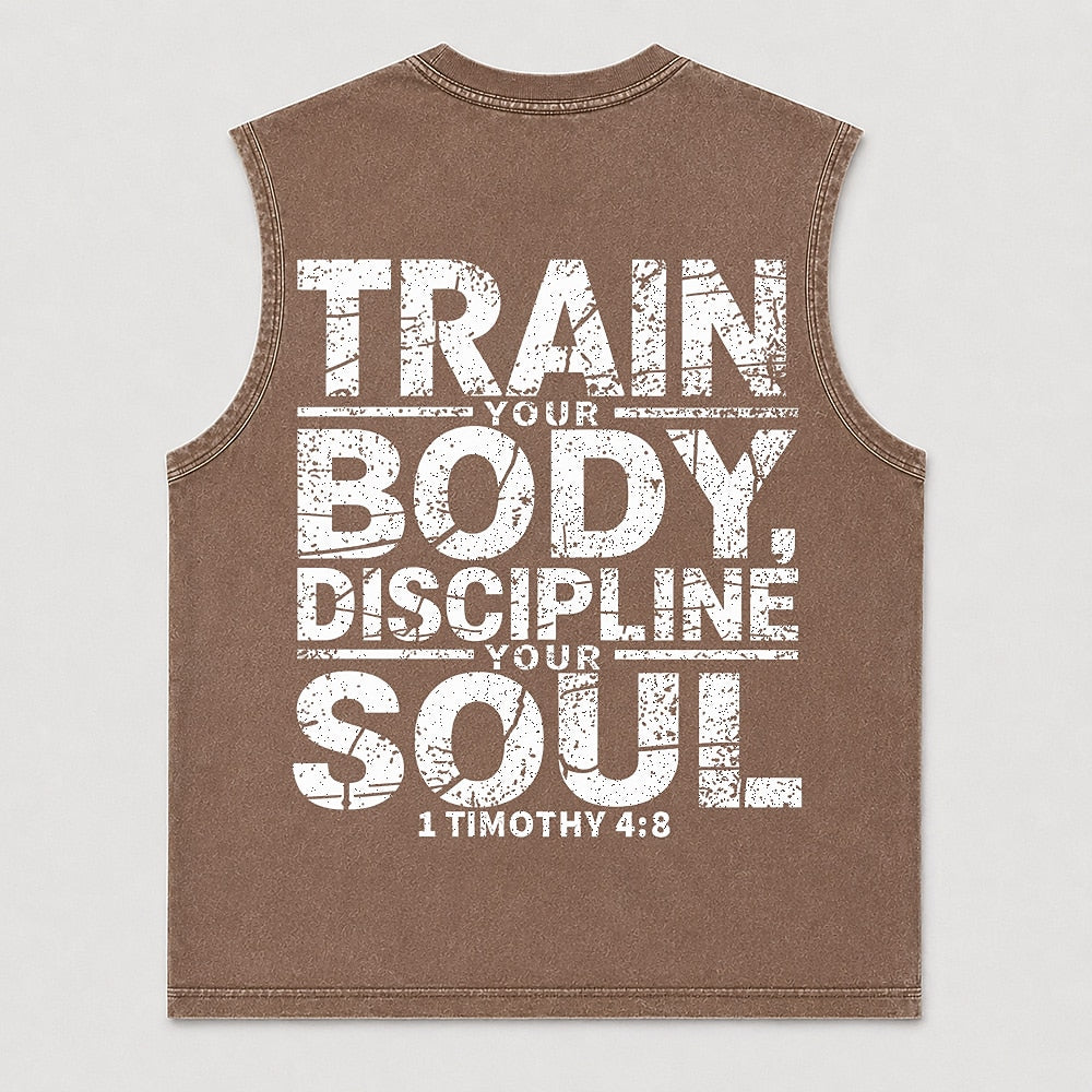 Christian fitness tank: train your body, discipline your soul - 1 Timothy 4:8 - Tank Top