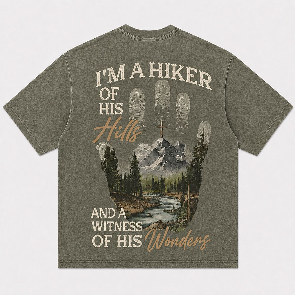 I'm A Hiker of His Hills And A Witness of His Wonders Quote with Handprint Mountain River Cross Christian T-Shirt - product image 6