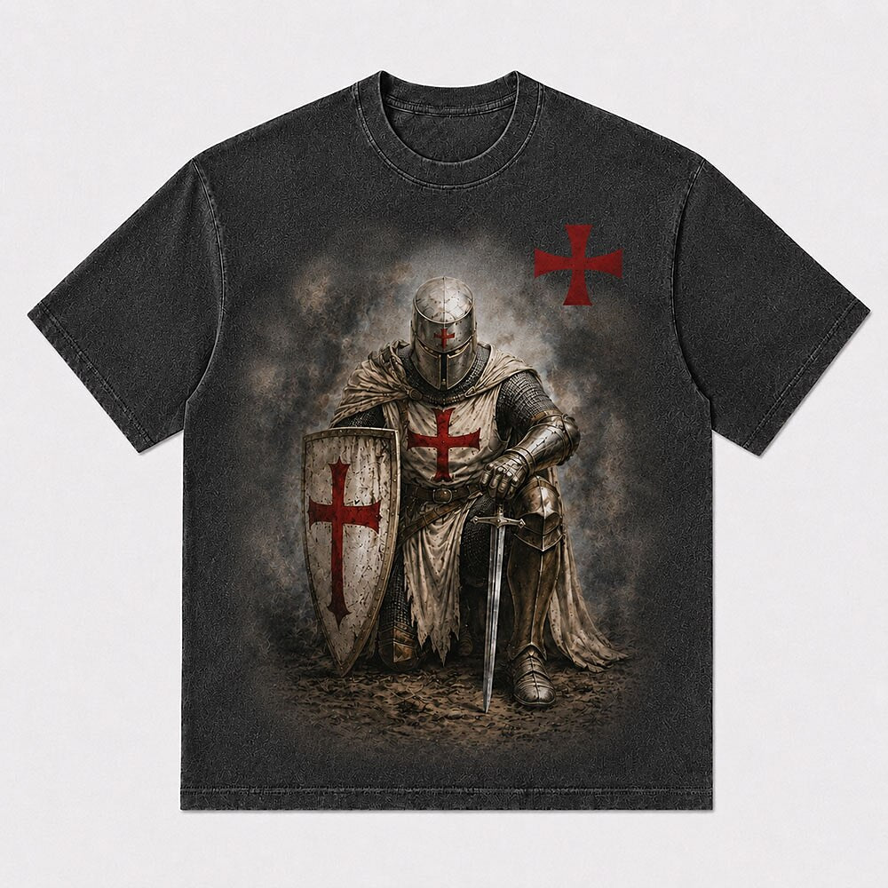 Medieval Crusader Kneeling Templar Knight in Armor with Sword Red Cross Shield Christian T-Shirt - product image 6