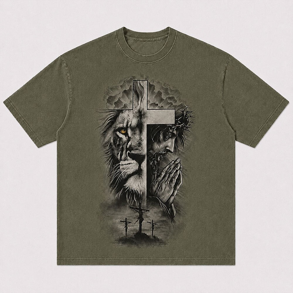 Lion Face Jesus Praying with Crown of Thorns Three Crosses Christian T-Shirt - product image 5