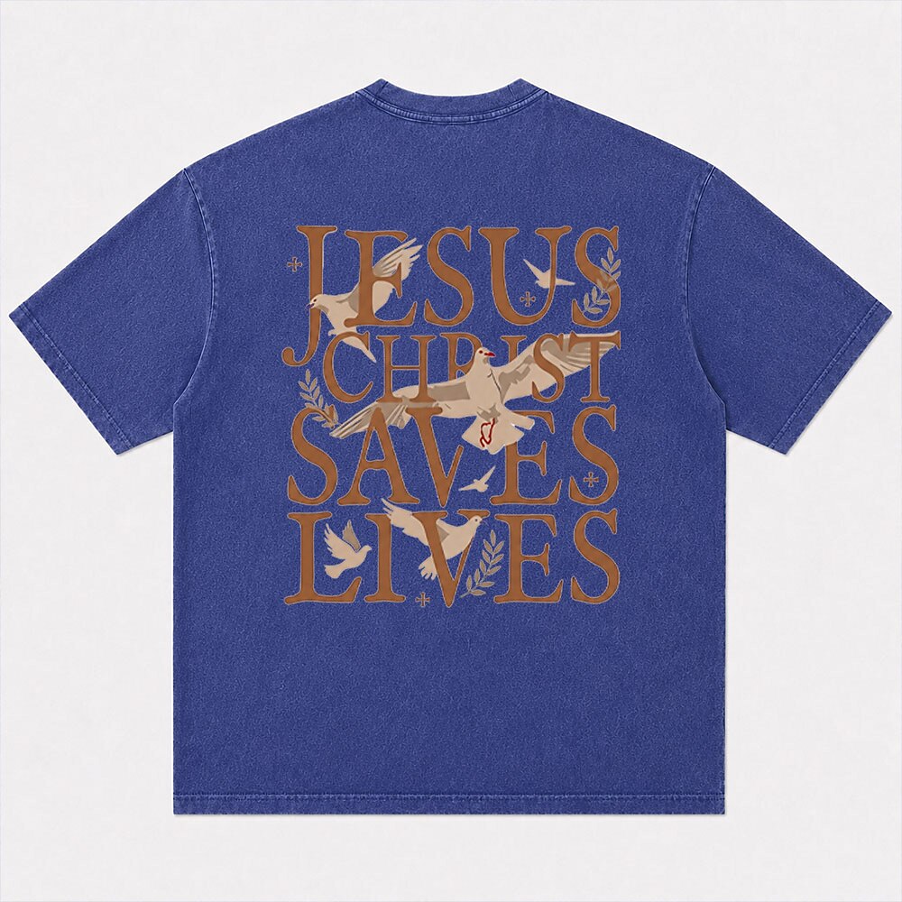 Jesus Christ Saves Lives men's Christian graphic T-shirt view 5