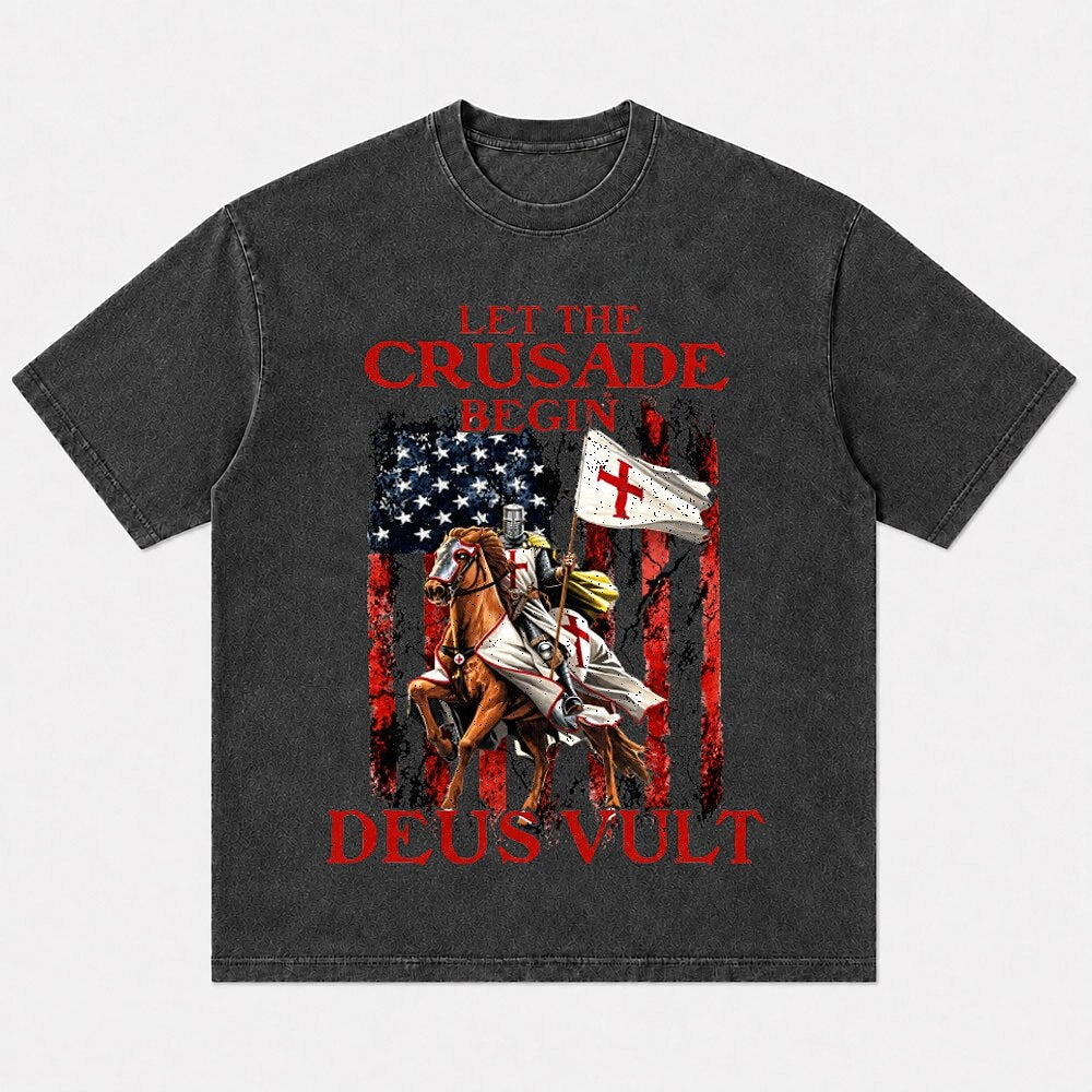 Mounted crusader cross flag and Deus Vult lettering cotton T-shirt, product view 6