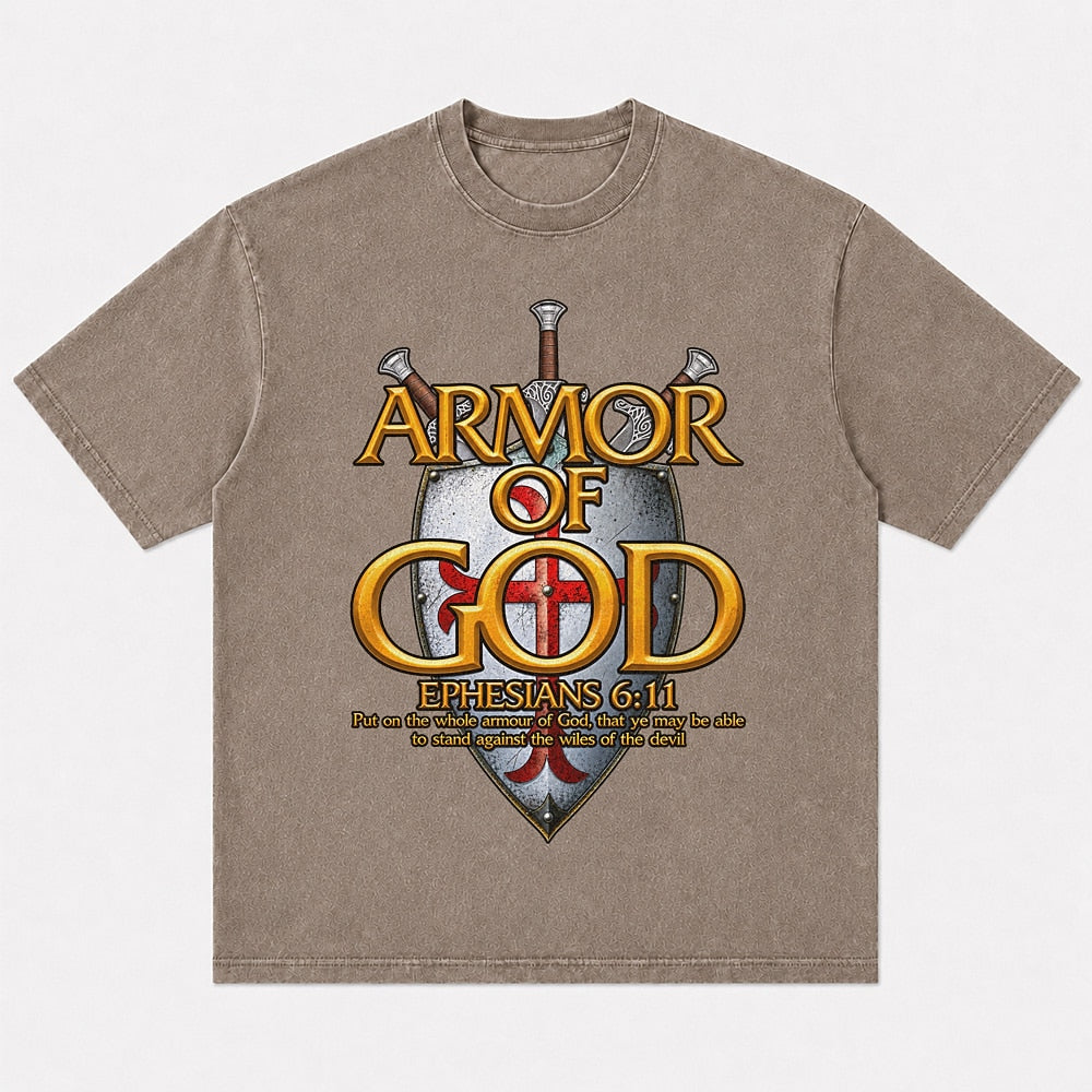Armor of God Shield Ephesians 6:11 washed cotton T-shirt, product view 4