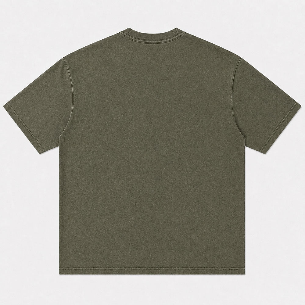 Plain back view of a washed cotton crew-neck T-shirt