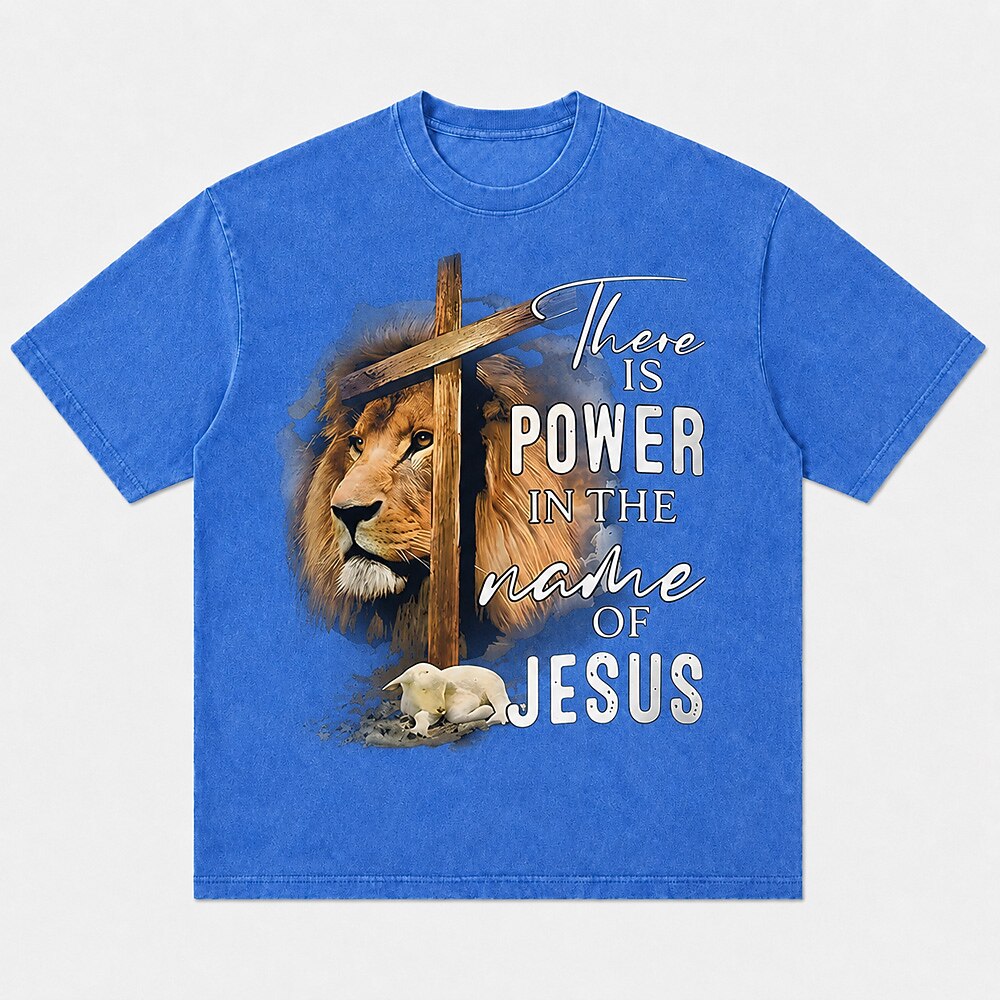 There Is Power In The Name Of Jesus Lion Of Judah Lamb Wooden Cross Christian Faith Realistic Vintage Christian T-Shirt - product image 1