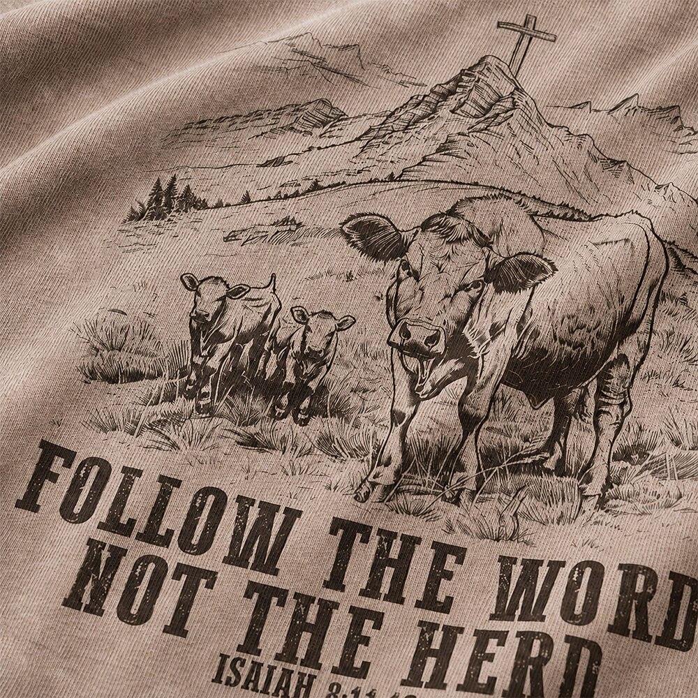 Mountain Cross with Cattle Follow The Word Not The Herd Isaiah Quote Christian T-Shirt - product image 2