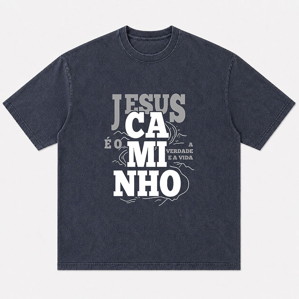 Jesus O Caminho Portuguese washed cotton T-shirt, product view 3