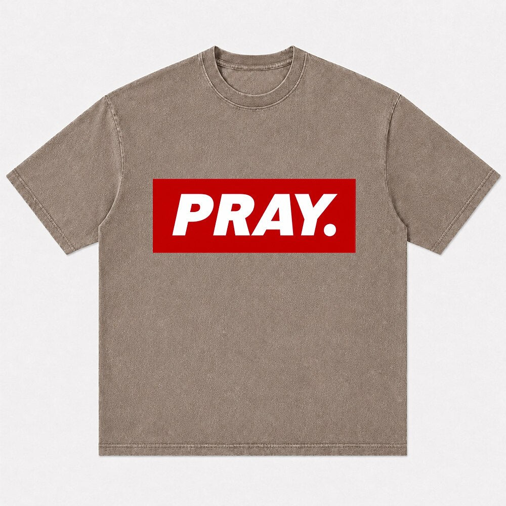 Red PRAY box logo Christian humor T-shirt