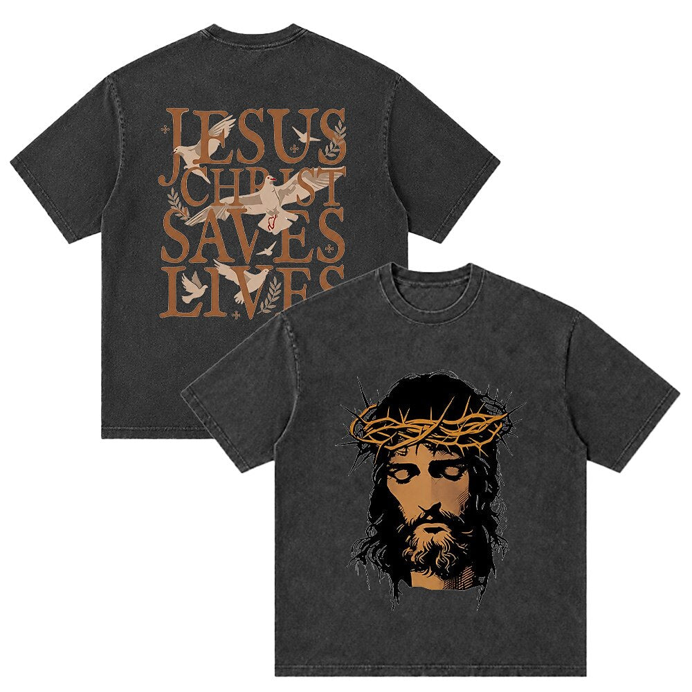 Jesus Christ Saves Lives men's Christian graphic T-shirt view 4