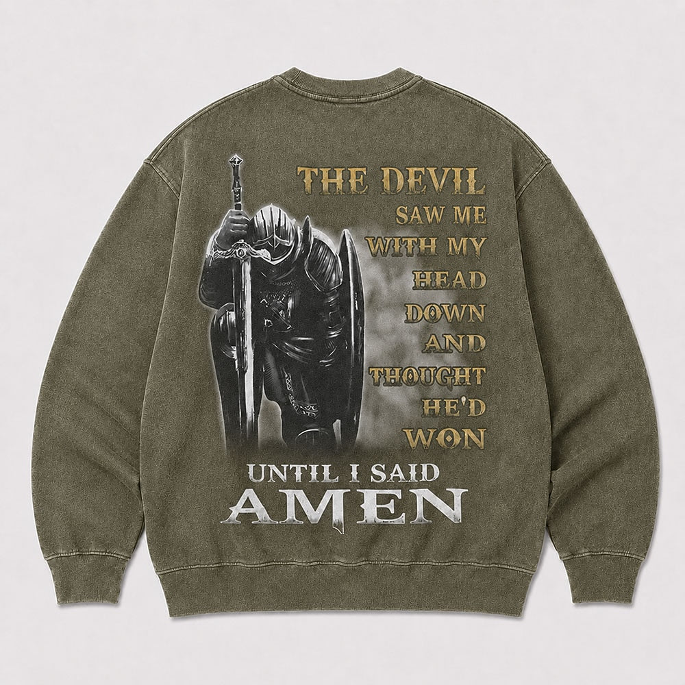 The Devil Saw Me Christian knight graphic on Black washed sweatshirt