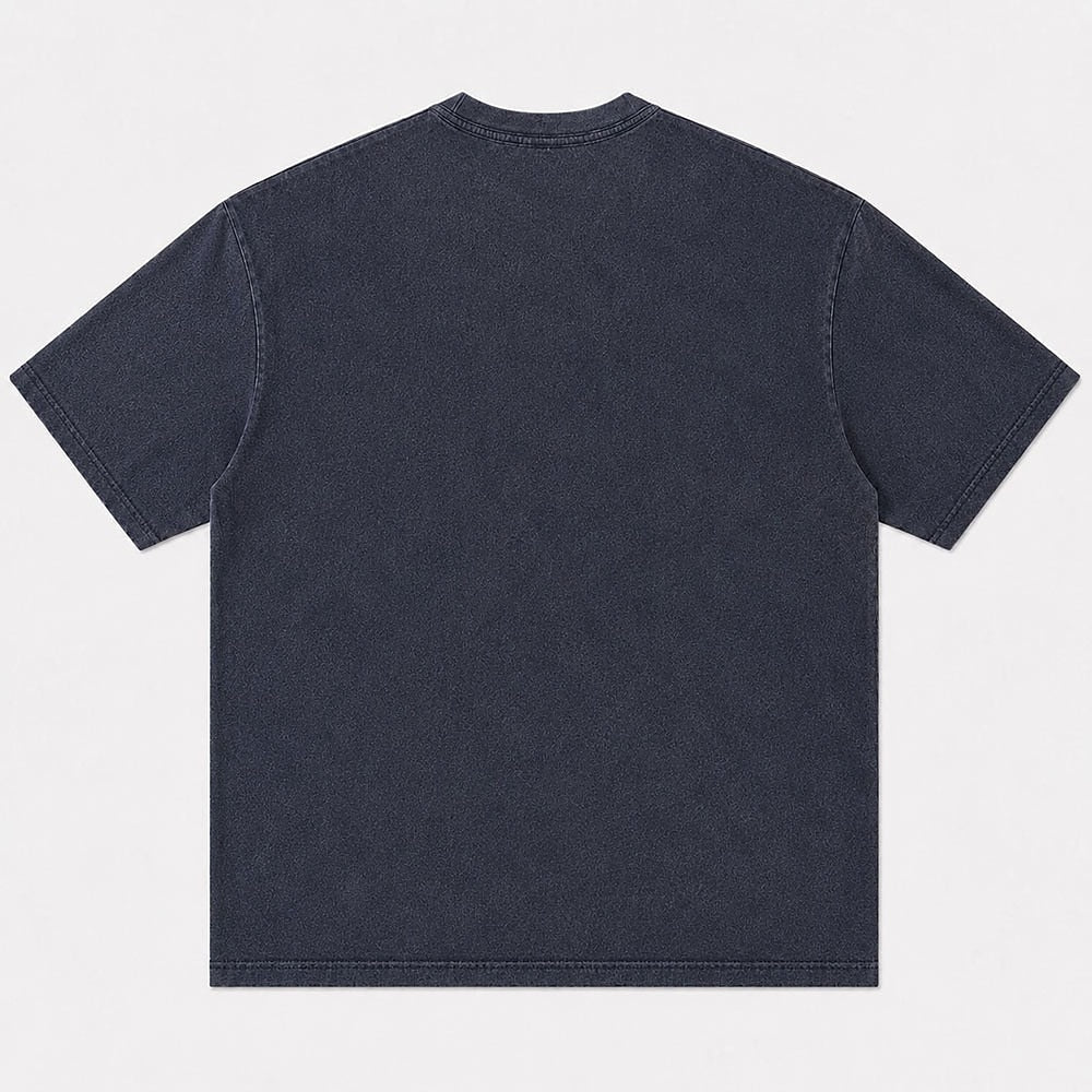 Plain back view of a washed cotton crew-neck T-shirt