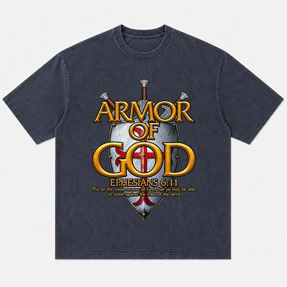 Armor of God Shield Ephesians 6:11 washed cotton T-shirt, product view 1