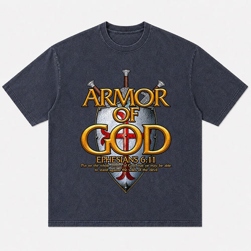 Armor of God Shield Ephesians 6:11 washed cotton T-shirt, product view 1