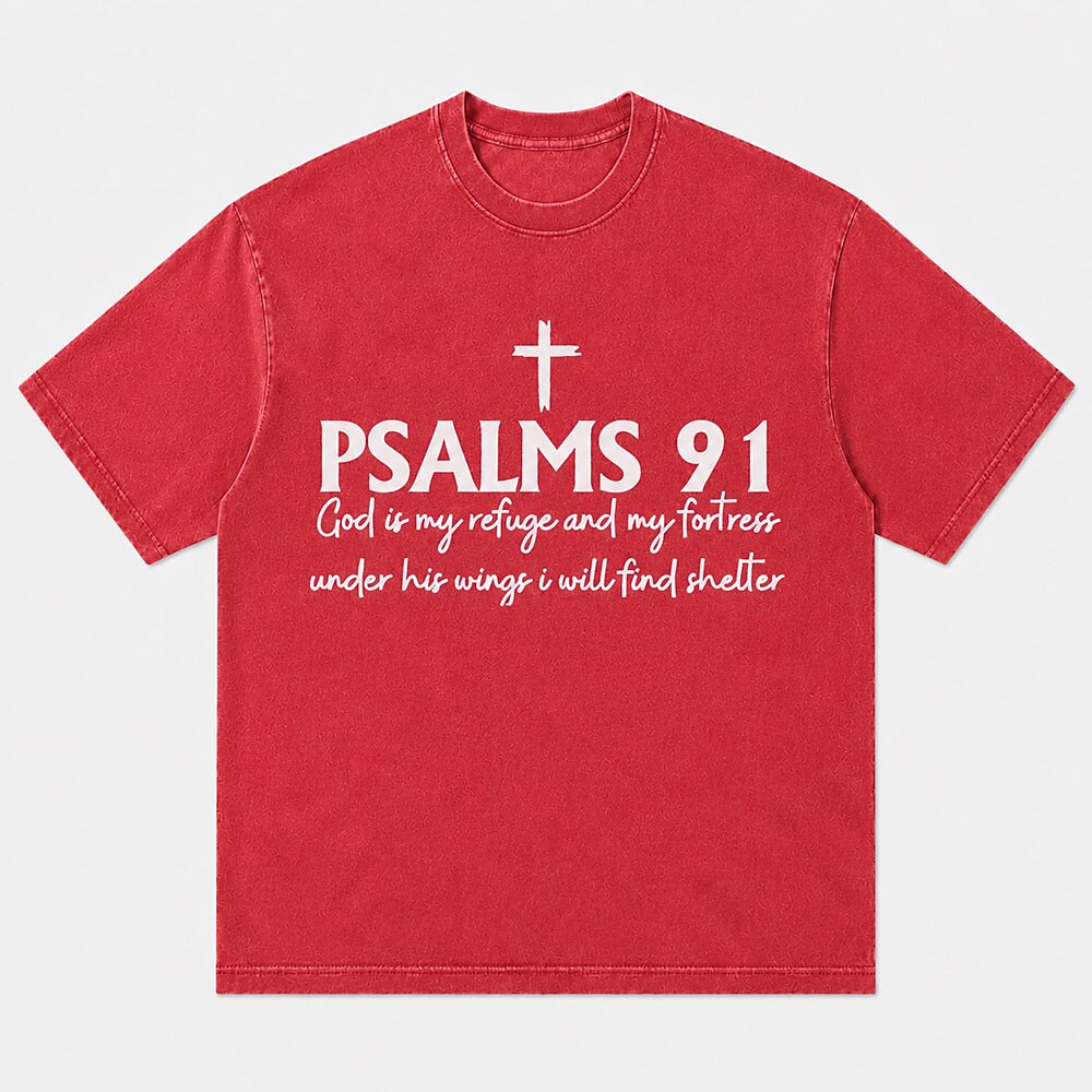 Psalms 91 God Is My Refuge And My Fortress under His Wings I Will Find Shelter Bible Verse Cross Christian T-Shirt - product image 4