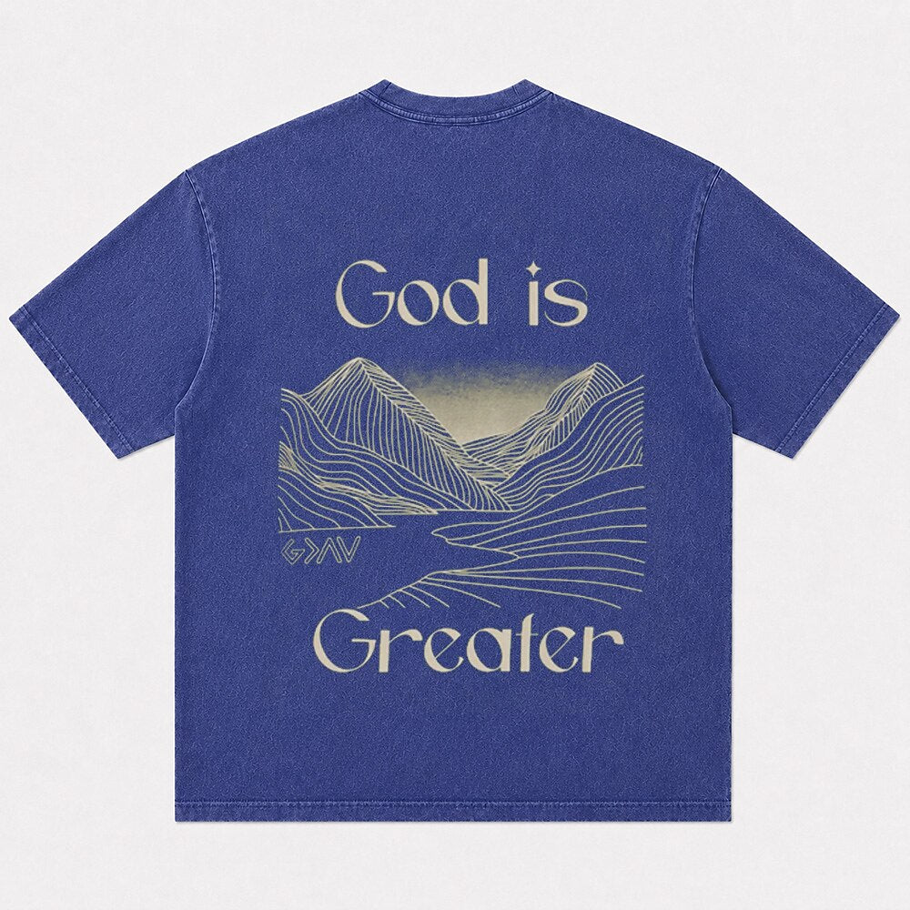 God is Greater mountain and valley graphic cotton T-shirt, product view 6