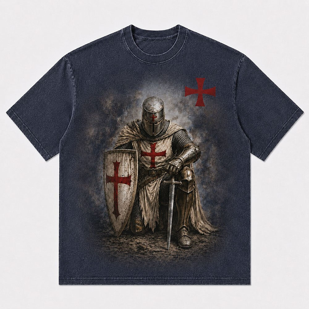 Medieval Crusader Kneeling Templar Knight in Armor with Sword Red Cross Shield Christian T-Shirt - product image 5