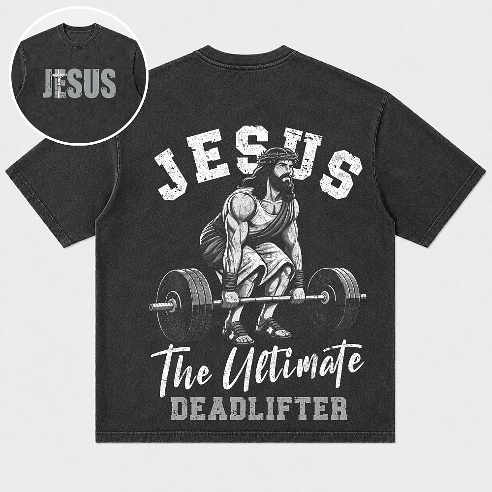 Jesus The Ultimate Deadlifter washed cotton T-shirt, product view 1