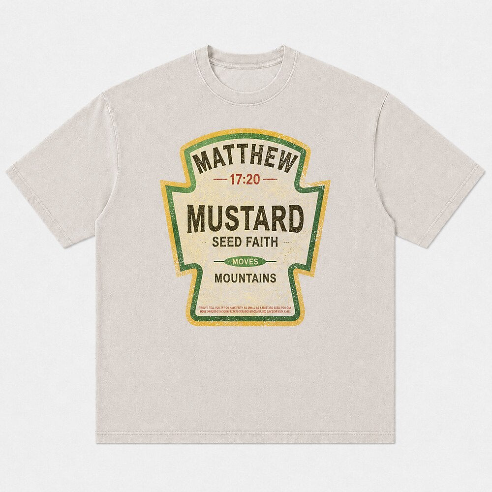 Matthew 17:20 Mustard Seed Faith Moves Mountains Bible Verse Christian Humor Vintage Condiment Label Parody Christian T-Shirt - product image 4