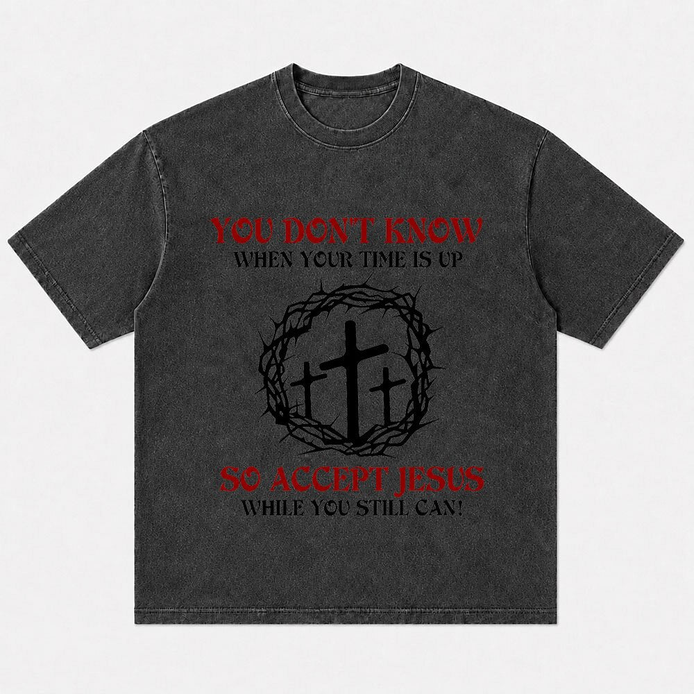 Three crosses and crown of thorns graphic cotton T-shirt, product view 6