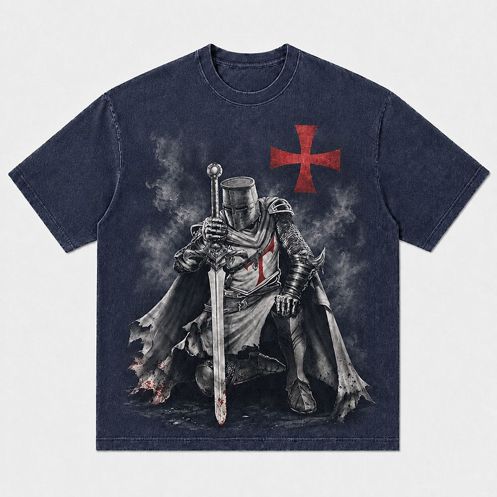Dark Medieval Kneeling Templar Knight in Armor with Red Cross Christian T-Shirt - product image 5