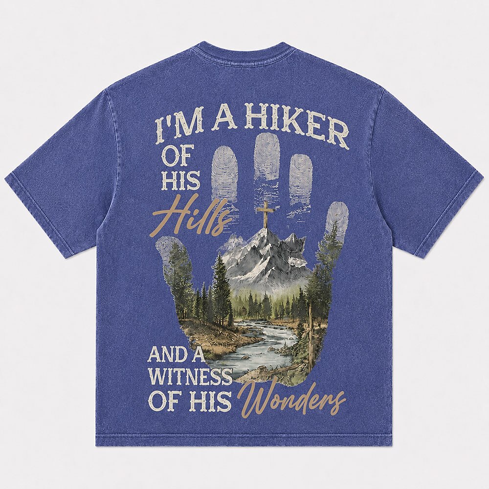 I'm A Hiker of His Hills And A Witness of His Wonders Quote with Handprint Mountain River Cross Christian T-Shirt - product image 5