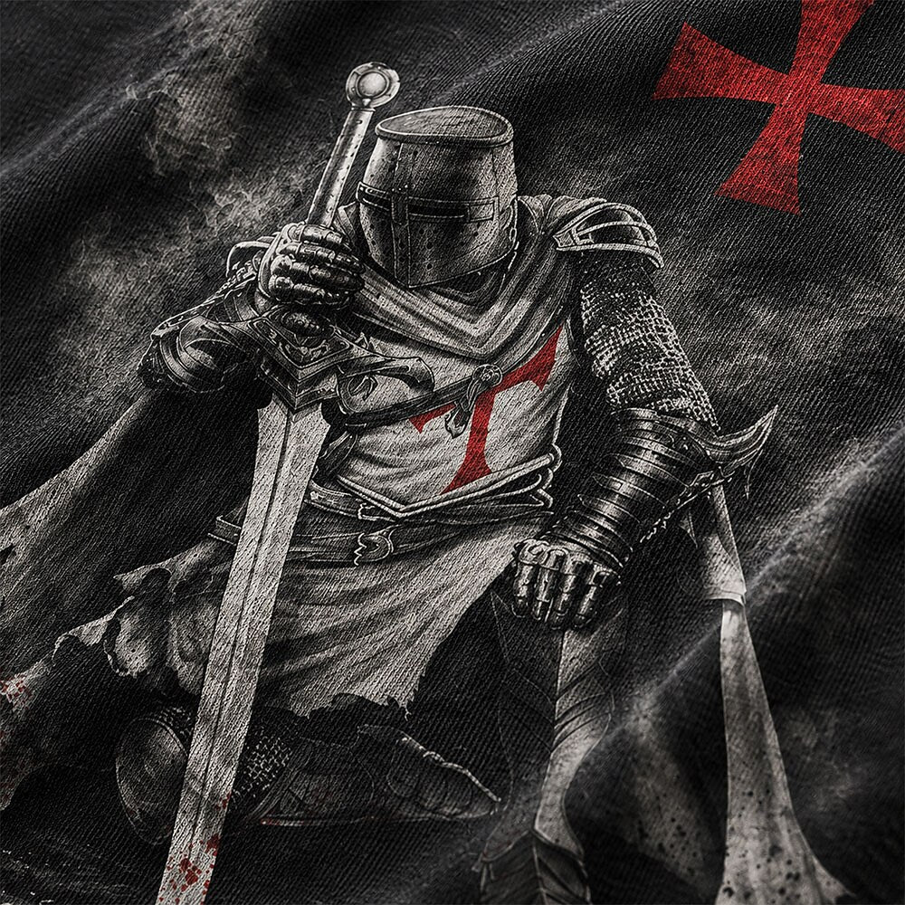 Dark Medieval Kneeling Templar Knight in Armor with Red Cross Christian T-Shirt - product image 2