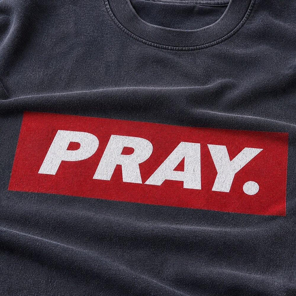 Red PRAY box logo Christian humor T-shirt