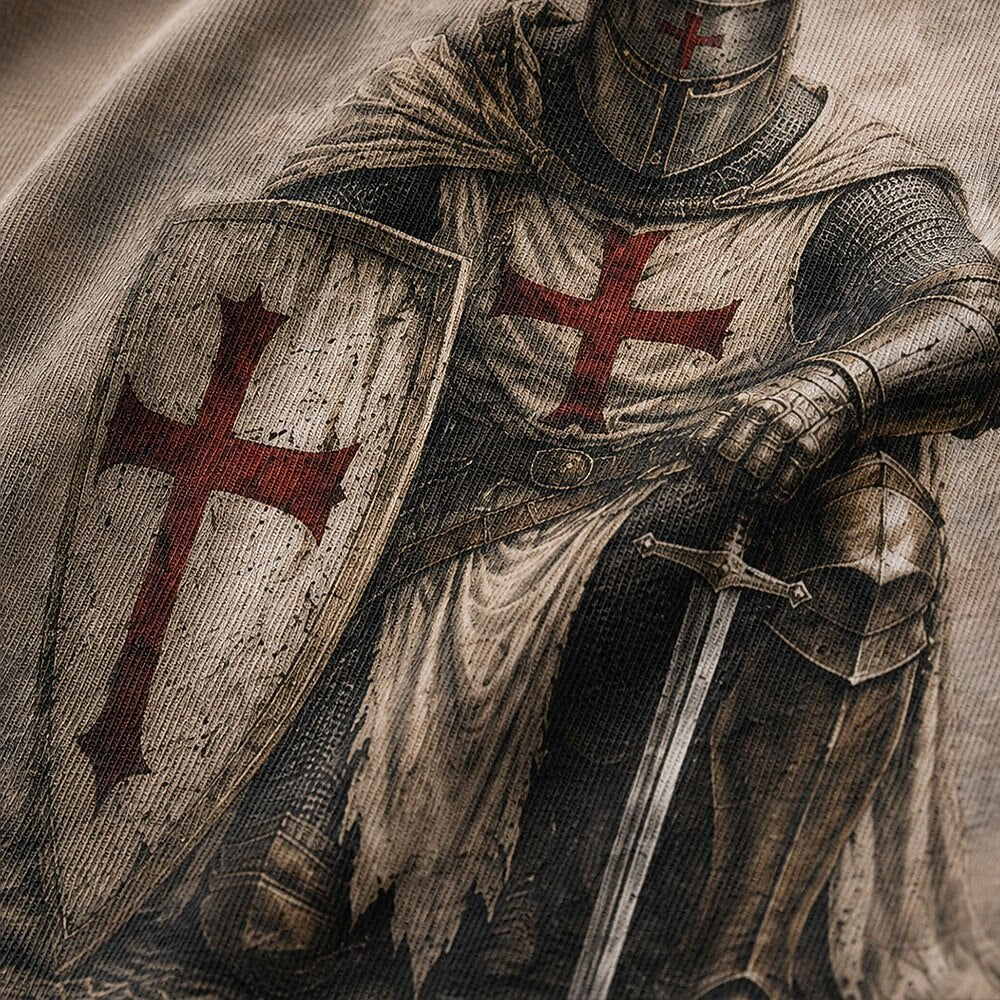 Medieval Crusader Kneeling Templar Knight in Armor with Sword Red Cross Shield Christian T-Shirt - product image 2