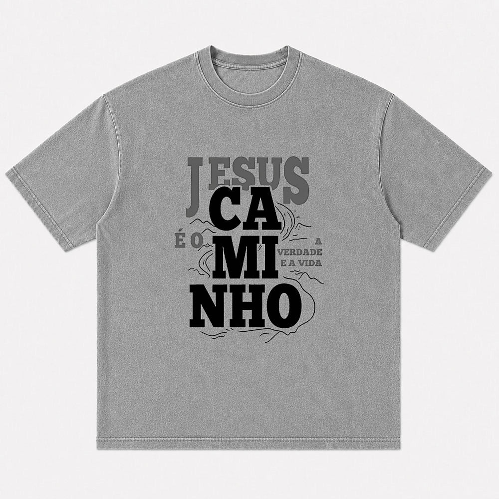 Jesus O Caminho Portuguese washed cotton T-shirt, product view 5