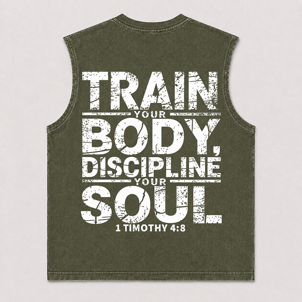 Christian fitness tank: train your body, discipline your soul - 1 Timothy 4:8 - Tank Top