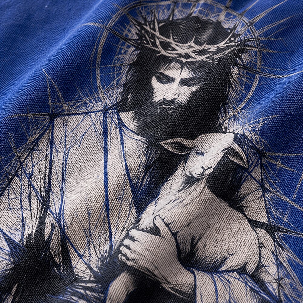 Jesus Holding Lamb Crown Of Thorns Good Shepherd Sketch Line Art Christian Religious Vintage Front Cross Christian T-Shirt - product image 4