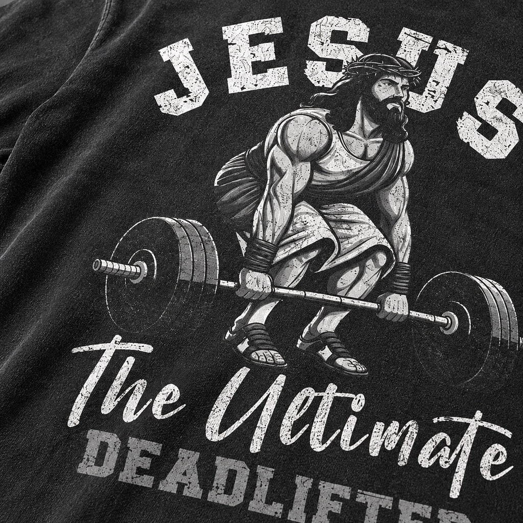 Jesus The Ultimate Deadlifter washed cotton T-shirt, print detail view 3