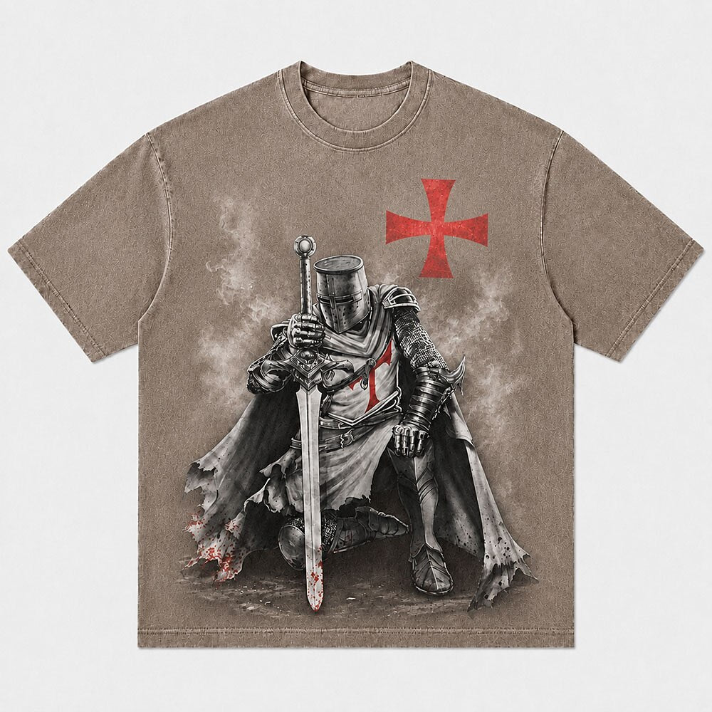 Dark Medieval Kneeling Templar Knight in Armor with Red Cross Christian T-Shirt - product image 6