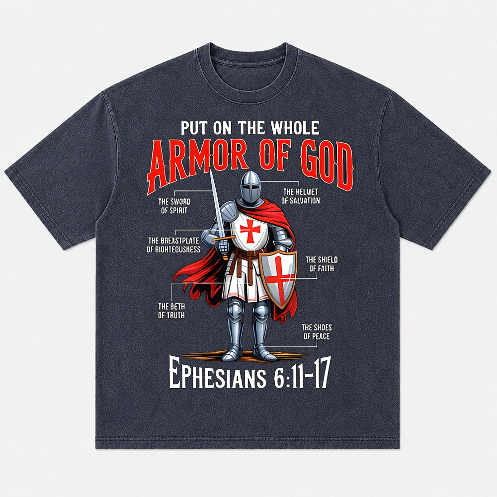 Armor of God knight with Ephesians 6:11-17 cotton T-shirt, product view 1